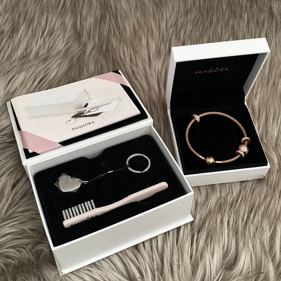 NWOT Pandora Moments Mesh Bracelet in Rose Gold with Charms and Cleaning Kit - Picture 2 of 11